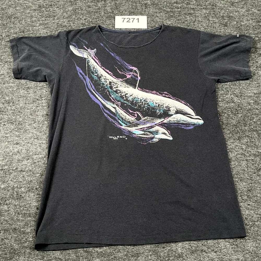Wyland T Shirt Mens Medium Black Crew Neck Vintage 1990 Art Nature Graphic Print